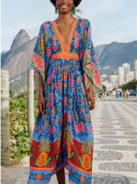 FARM Rio Dresses & Skirts - FARM Rio Blue Floral V-Neck Maxi Dress with Orange Accents
